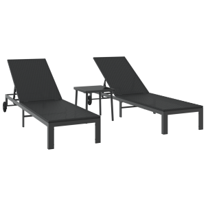 Espreguiçadeiras 2 pcs com Rodas e Mesa em Rattan Preto H