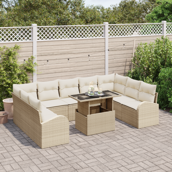 Conjunto de Sofá de Jardim com 10 Peças e Almofadas de Rattan Sintético Beige M 3