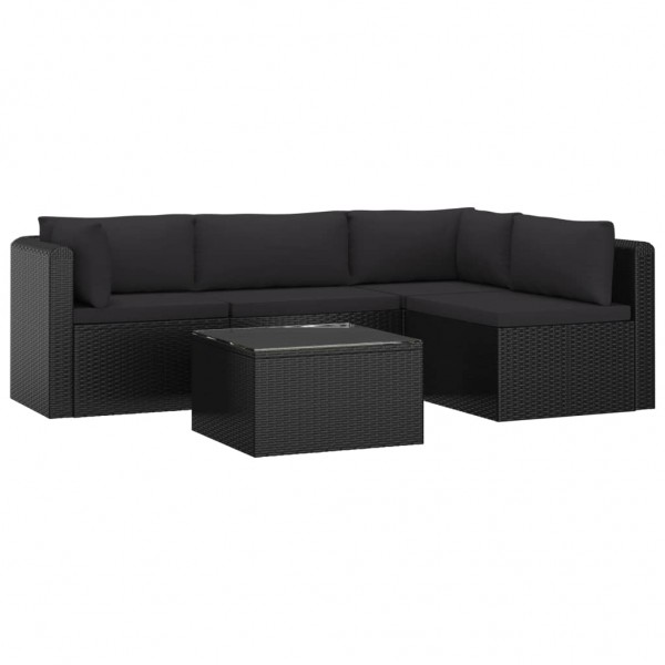 5 pcs conjunto lounge de jardim c/ almofadões vime PE preto M 2
