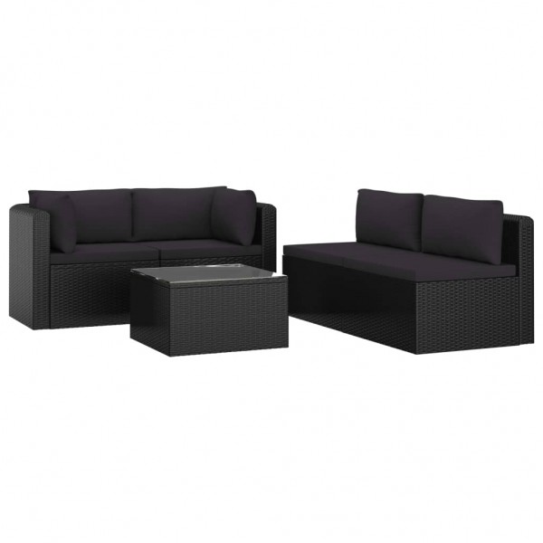 5 pcs conjunto lounge de jardim c/ almofadões vime PE preto M 3