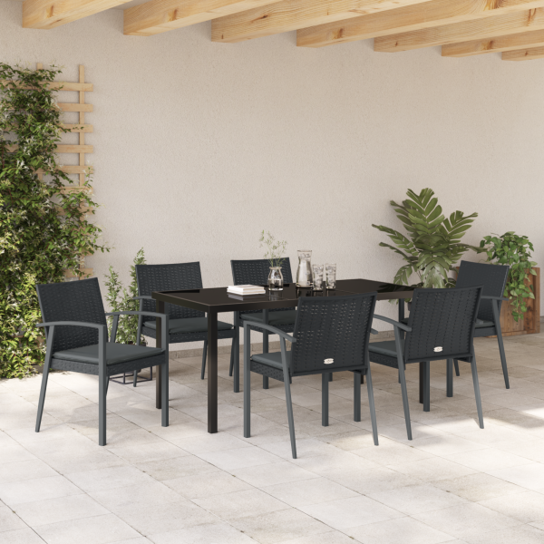 Conjunto de Jantar de Jardim com 7 Peças e Almofadas pretas em Rattan Poliéster. M 4