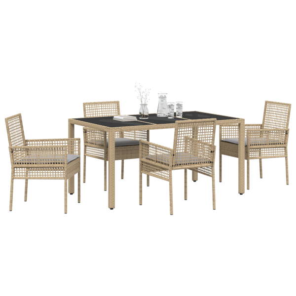 Conjunto de Comedor de Jardín de 5 Piezas con Cojines Beige de Poliratán M 3