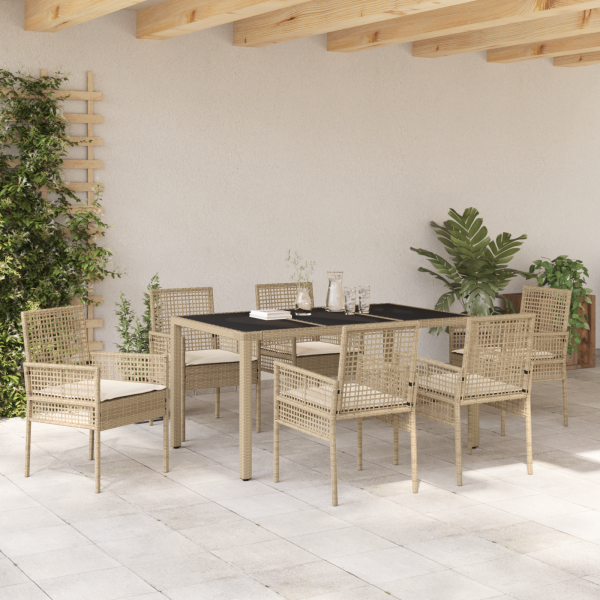 Conjunto de Comedor de Jardín de 7 Piezas con Cojines Beige de Polirratán D