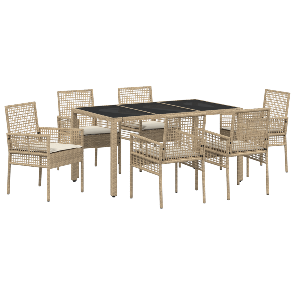 Conjunto de Comedor de Jardín de 7 Piezas con Cojines Beige de Polirratán M 2