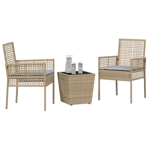 Conjunto de Bistro Jardim 3 Peças com Almofadas Bege em Polyrattan M 3
