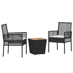 Conjunto de Bistro de Jardim VidaXL com 3 Peças e Almofadas Preto em Rattan H