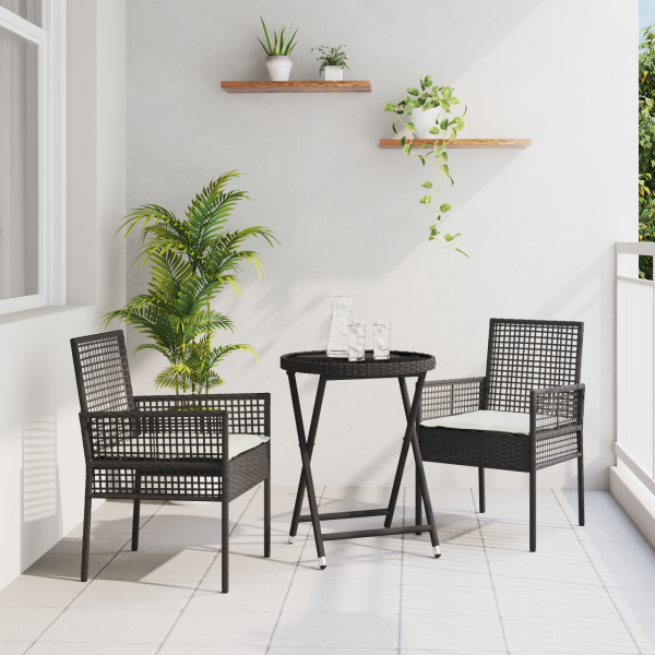 Conjunto de Bistro de Jardín de 3 Piezas  con Cojines de Ratán Sintético Negro D