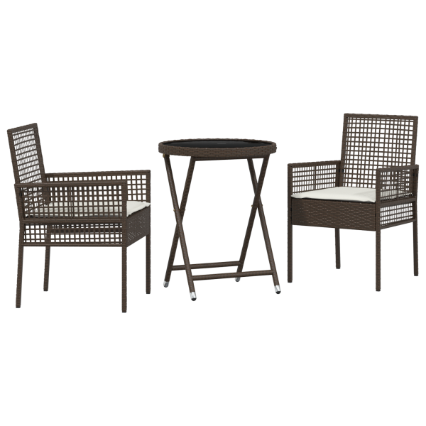 Conjunto de Bistro de Jardim 3 Peças com Almofadas Castanho em Rattan Sintético M 2