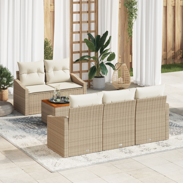 Conjunto de Sofá de Jardín de 6 Piezas con Cojines Beige de Poliratán y Acacia D