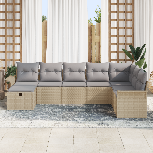 Conjunto de Sofás de Jardim de 8 Peças com Almofadas Beiges de Vime PE M 3