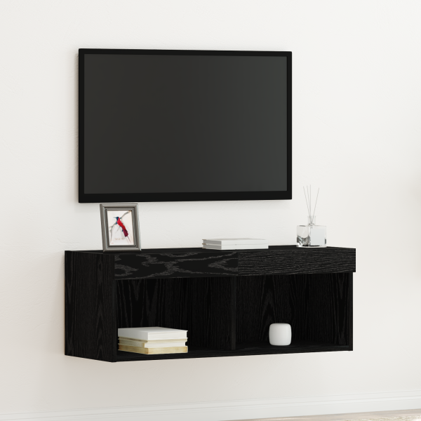 Mueble de TV de pared con luces LED Roble negro 80x30x30 cm D