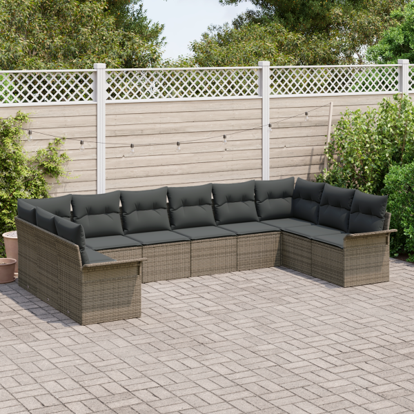 Conjunto de Sofá de Jardim de 10 Peças com Almofadas Cinzento Rattan Poliéster M 3
