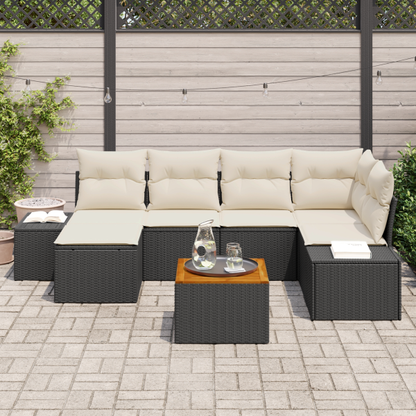 Conjunto de Sofá de Jardim de 7 Peças com Almofadas Pretas em Rattan Sintético e Acácia M 3