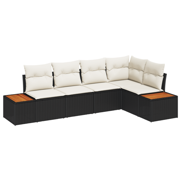Conjunto de Sofá de Jardim com 5 Peças com Almofadas Preto Rattan Poly Acácia M 2
