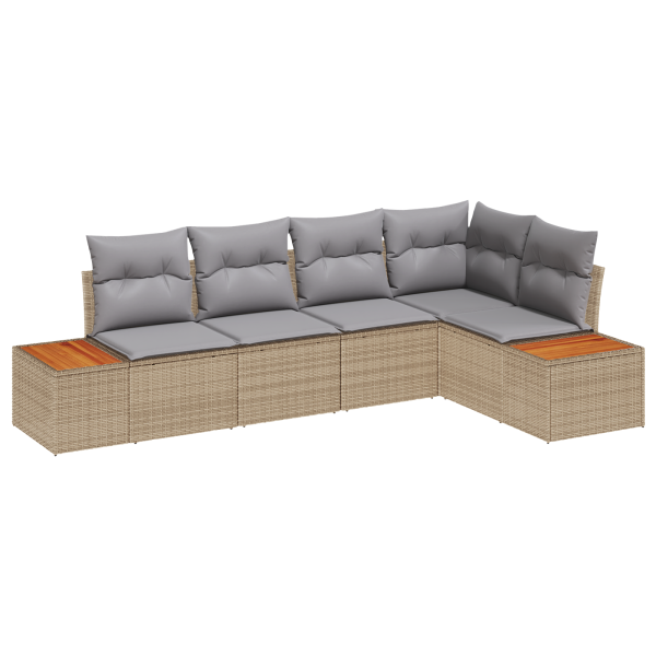 Conjunto de Sofá de Jardim de 5 Peças com Almofadas Bege Rattan Acácia M 2
