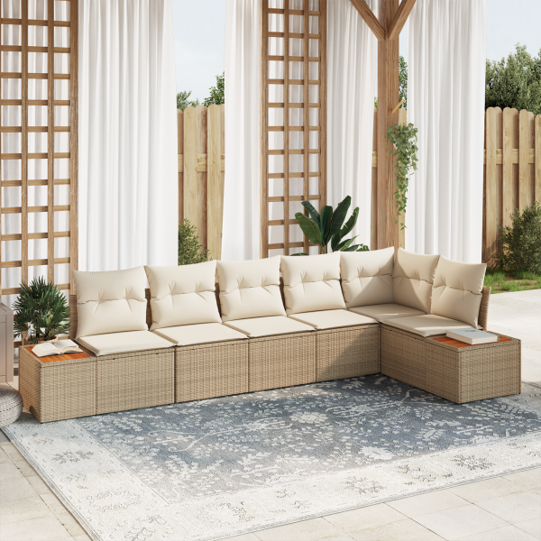 Conjunto de Sofá de Jardín  de 6 Piezas con Cojines Beige Poliratán Acacia D