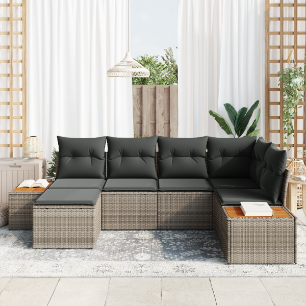 Conjunto de Sofás de Jardim de 6 Peças com Almofadas Cinza Rattan de Polietileno e Acácia M 3
