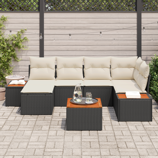 Conjunto de Sofá de Jardim de 7 Peças com Almofadas Rattan Poliéster Preto M 3