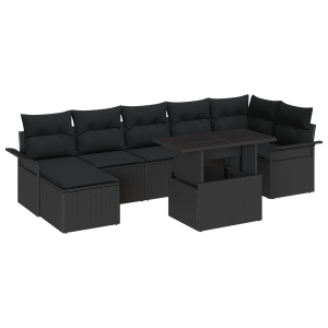 Conjunto de Sofá de Jardim de 8 Peças com Almofadas Preto Vime Polipropileno H