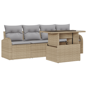 Conjunto de Sofá de Jardim de 5 Peças com Almofadas Bege Rattan Poly H