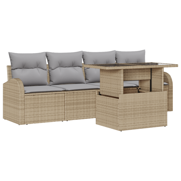 Conjunto de Sofá de Jardim de 5 Peças com Almofadas Bege Rattan Poly M 2
