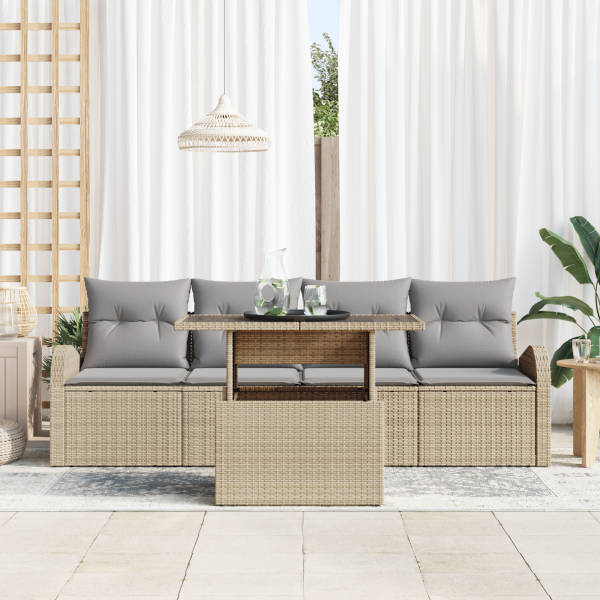 Conjunto de Sofá de Jardim de 5 Peças com Almofadas Bege Rattan Poly M 3