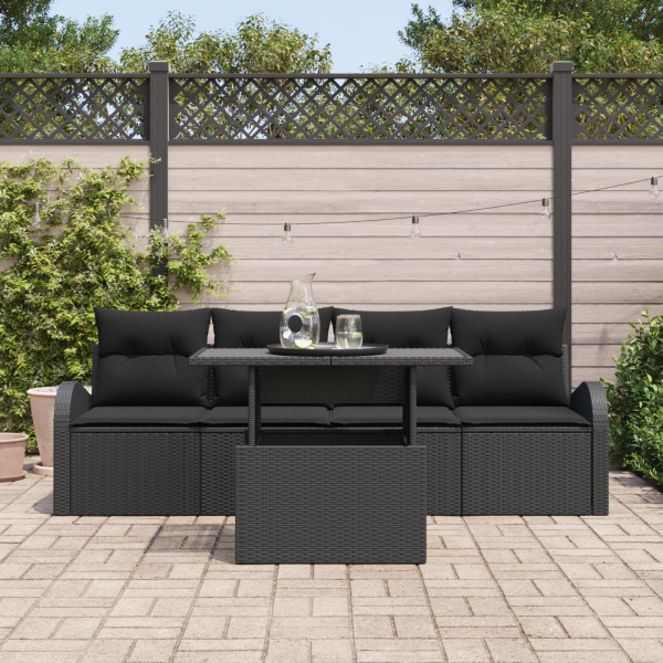 Conjunto de Sofá de Jardim de 5 Peças com Almofadas Preto Rattan Poliéster M 3