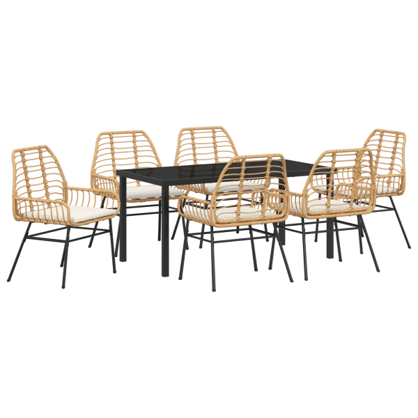 Conjunto de Jantar de Jardim com 7 Peças e Almofadas de Rattan Sintético Marrom M 2