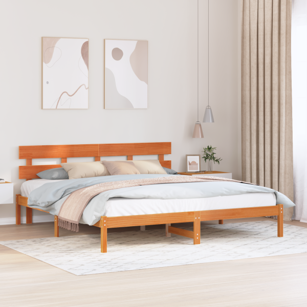 Estructura de cama con cabecero marrón encerado 200x200 cm de madera maciza de pino D