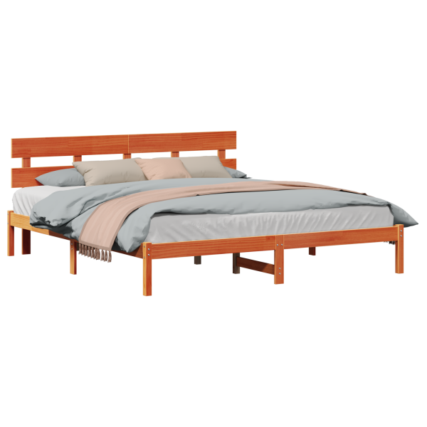 Estructura de cama con cabecero marrón encerado 200x200 cm de madera maciza de pino M 3