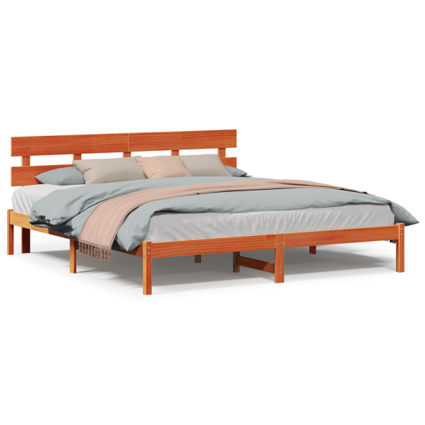 Estrado de Cama com Cabeceira Castanha 200x200 cm Madeira Sólida Pinho M 4