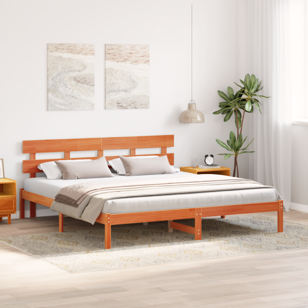 Estructura de cama con cabecero marrón encerado 200x200 cm de madera maciza de pino M 5