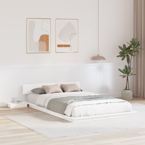 Estructura de Cama de Piso con Mesas de Noche Blanca 120x190cm Madera Maciza D