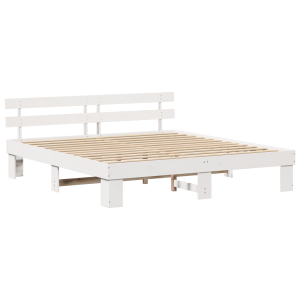 Estrado de Cama com Cabeceira Branca 200x200 cm Madeira Sólida Pinho H