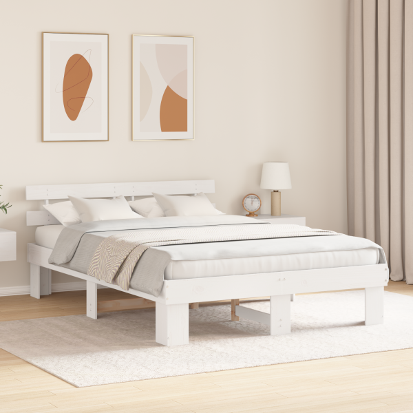 Marco de Cama con Cabecero Blanco 160x200 cm Madera Maciza de Pino M 5