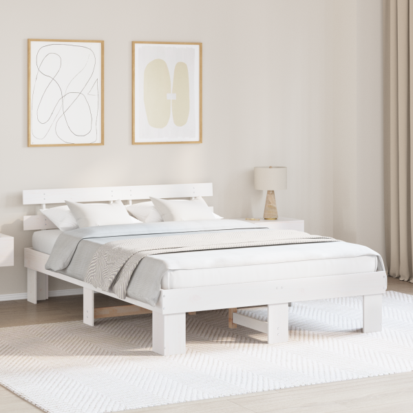 Marco de Cama con Cabecero Blanco 150x200 cm Madera Maciza de Pino D