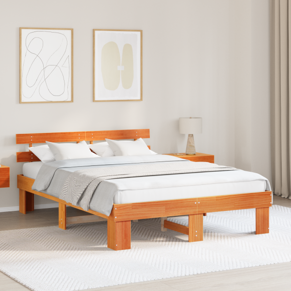 Marco de Cama con Cabecera Marrón Encerado 150x200 cm Madera Maciza de Pino D