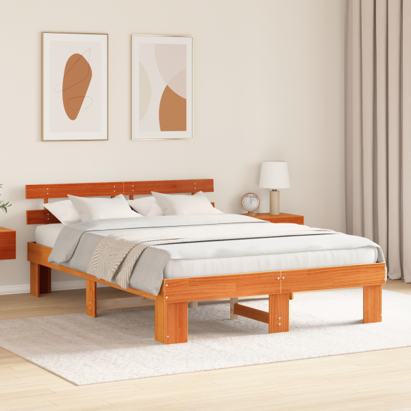 Marco de Cama con Cabecera Marrón Encerado 150x200 cm Madera Maciza de Pino M 5