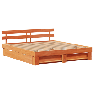 Estrutura da Cama com gaveta com cabeceira com armazenamento Castanho-mel 200 x 200 cm H