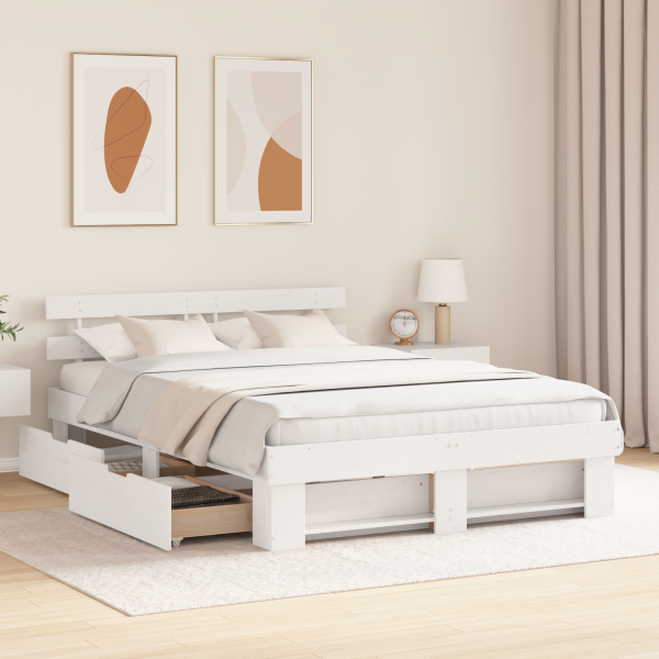 Estrutura da Cama com gaveta com cabeceira com armazenamento Branco 160 x 200 cm M 5