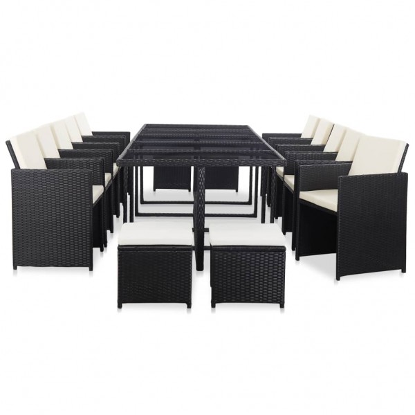 15 pcs conjunto jantar exterior com almofadões vime PE preto D