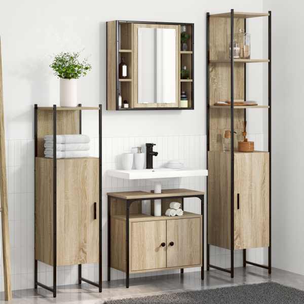 Juego de muebles de baño con estante Montaje en la pared Otro con almacenamiento con puerta con espejo 4 pcs Roble Sonoma D
