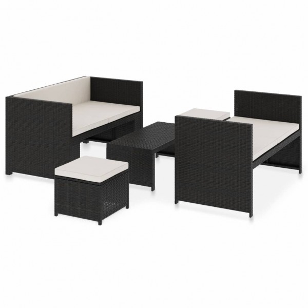 Set muebles de jardín 5 piezas y cojines ratán sintético negro M 2