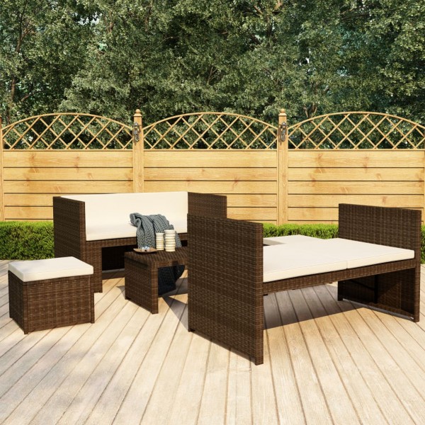 Set muebles de jardín 5 piezas y cojines ratán sintético marrón D