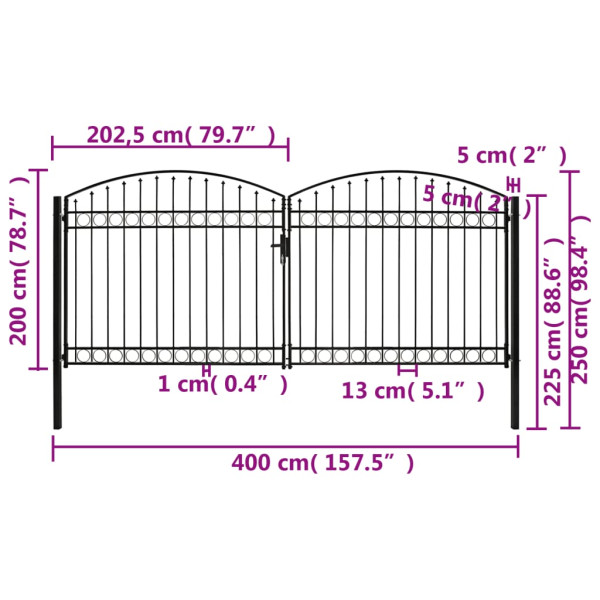 Cancela de valla doble puerta con arco 400x200 cm acero negro M 5