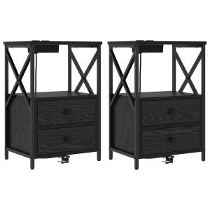 Cabinete de Noche con Estación de Carga 2 pcs Roble negro H
