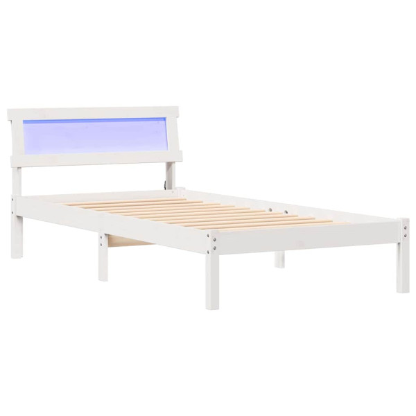 Estructura de Cama con Cabecera y LED - Blanca 100x200 cm. Madera de Pino Maciza M 2