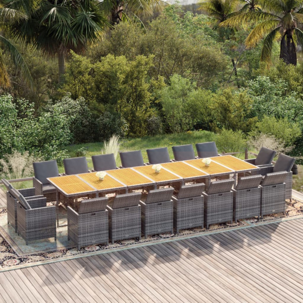Set de comedor jardín 19 pzas con cojines ratán sintético gris D