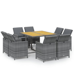 Set comedor jardín 9 pzas y cojines ratán sintético gris H