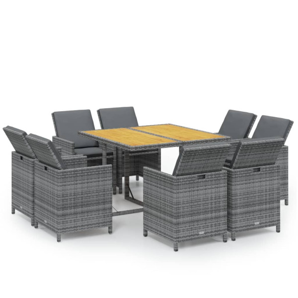 Set comedor jardín 9 pzas y cojines ratán sintético gris M 2